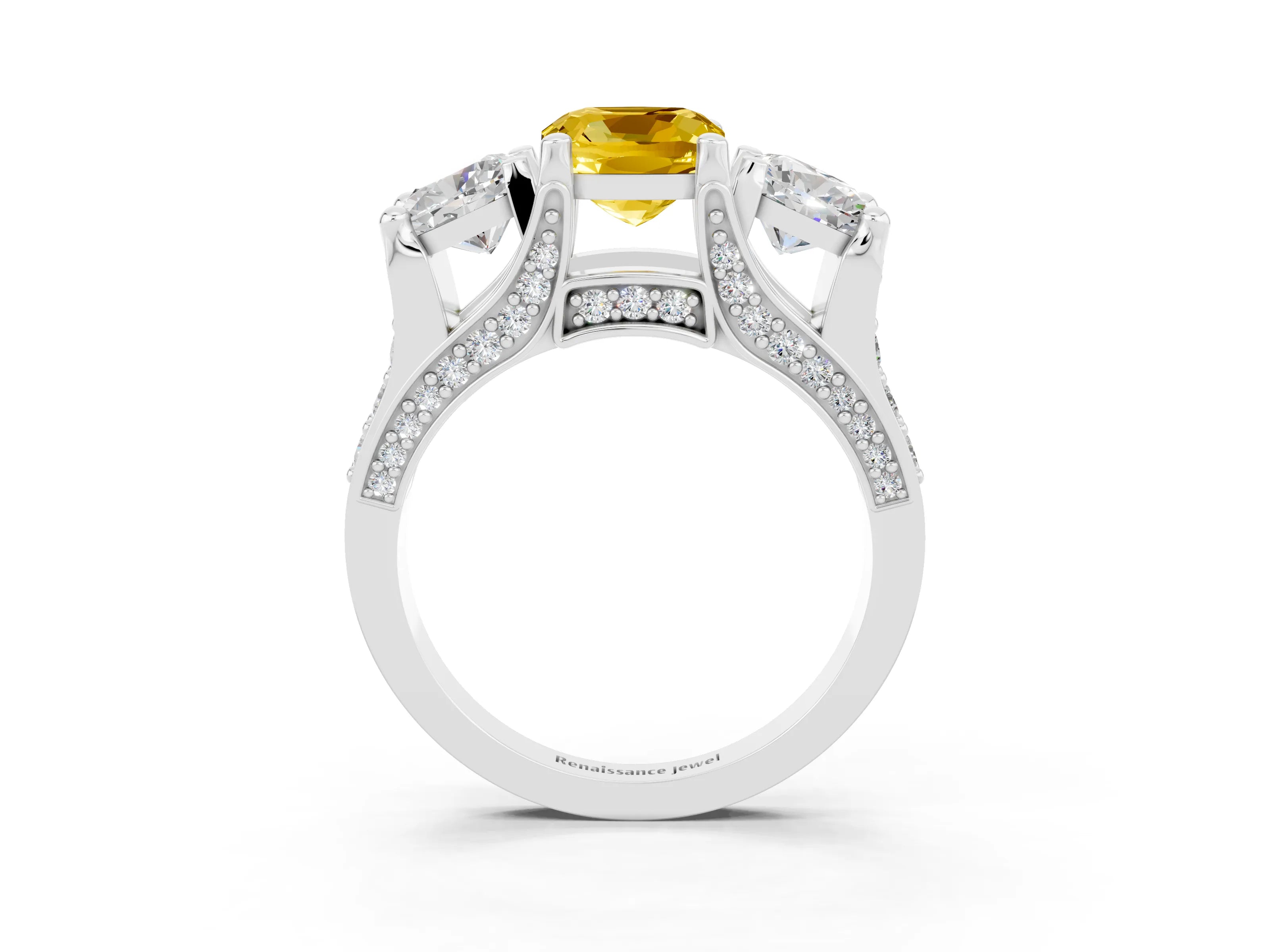 White gold Cushion Cut Yellow Sapphire Three-Stone Ring with Channel Set Band and Four-Prong Setting_3