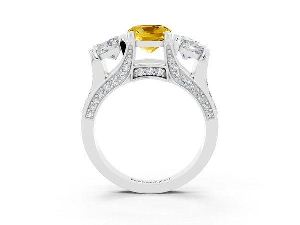 Silver Cushion Cut Yellow Sapphire Three-Stone Ring with Channel Set Band and Four-Prong Setting