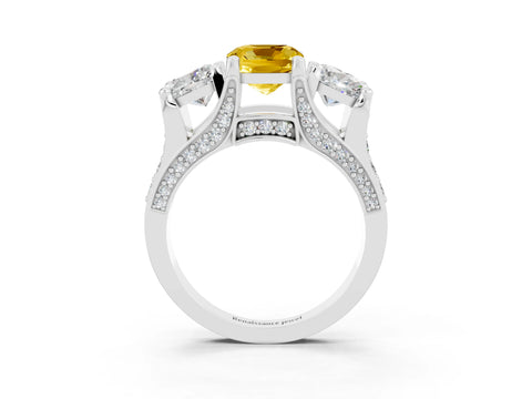 White gold Cushion Cut Yellow Sapphire Three-Stone Ring with Channel Set Band and Four-Prong Setting_3