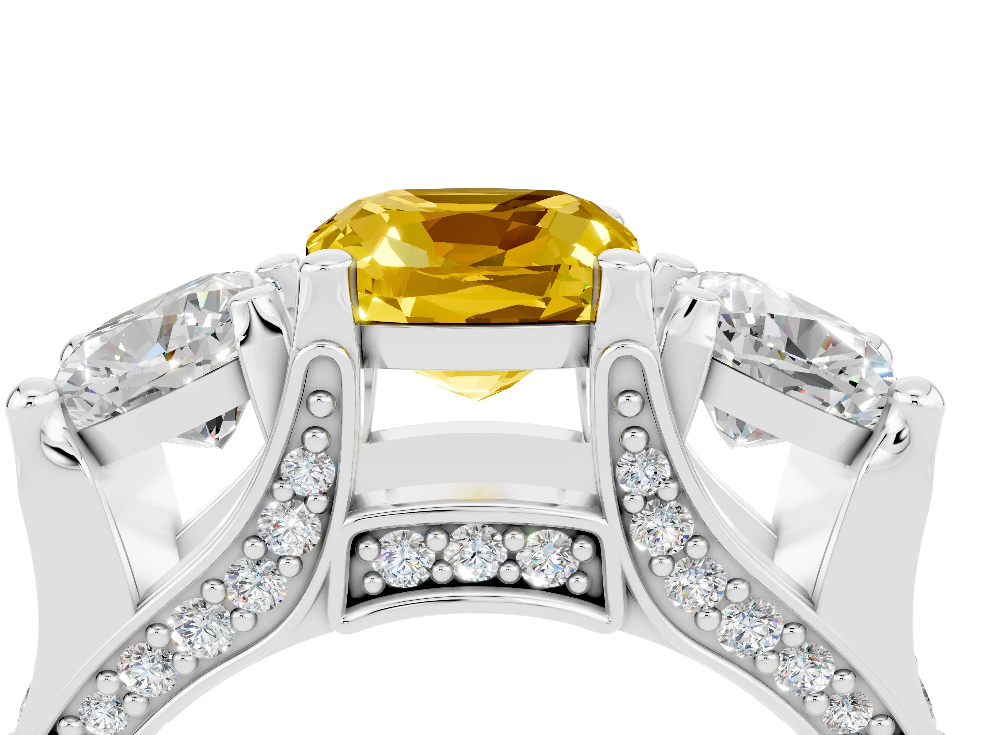 White gold Cushion Cut Yellow Sapphire Three-Stone Ring with Channel Set Band and Four-Prong Setting_4
