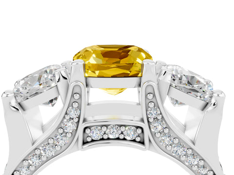 White gold Cushion Cut Yellow Sapphire Three-Stone Ring with Channel Set Band and Four-Prong Setting_4