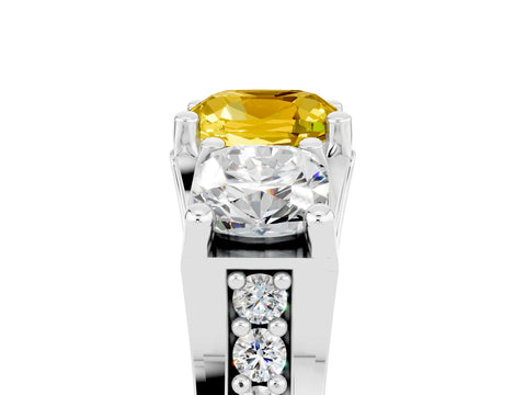 White gold Cushion Cut Yellow Sapphire Three-Stone Ring with Channel Set Band and Four-Prong Setting_5