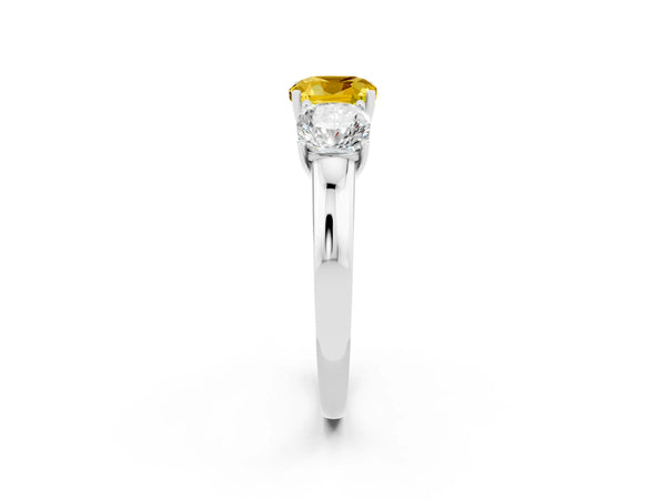 Silver Cushion Cut Yellow Sapphire Three-Stone Ring with Four-Prong Setting and Classic Band
