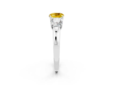 White gold Cushion Cut Yellow Sapphire Three-Stone Ring with Four-Prong Setting and Classic Band_2