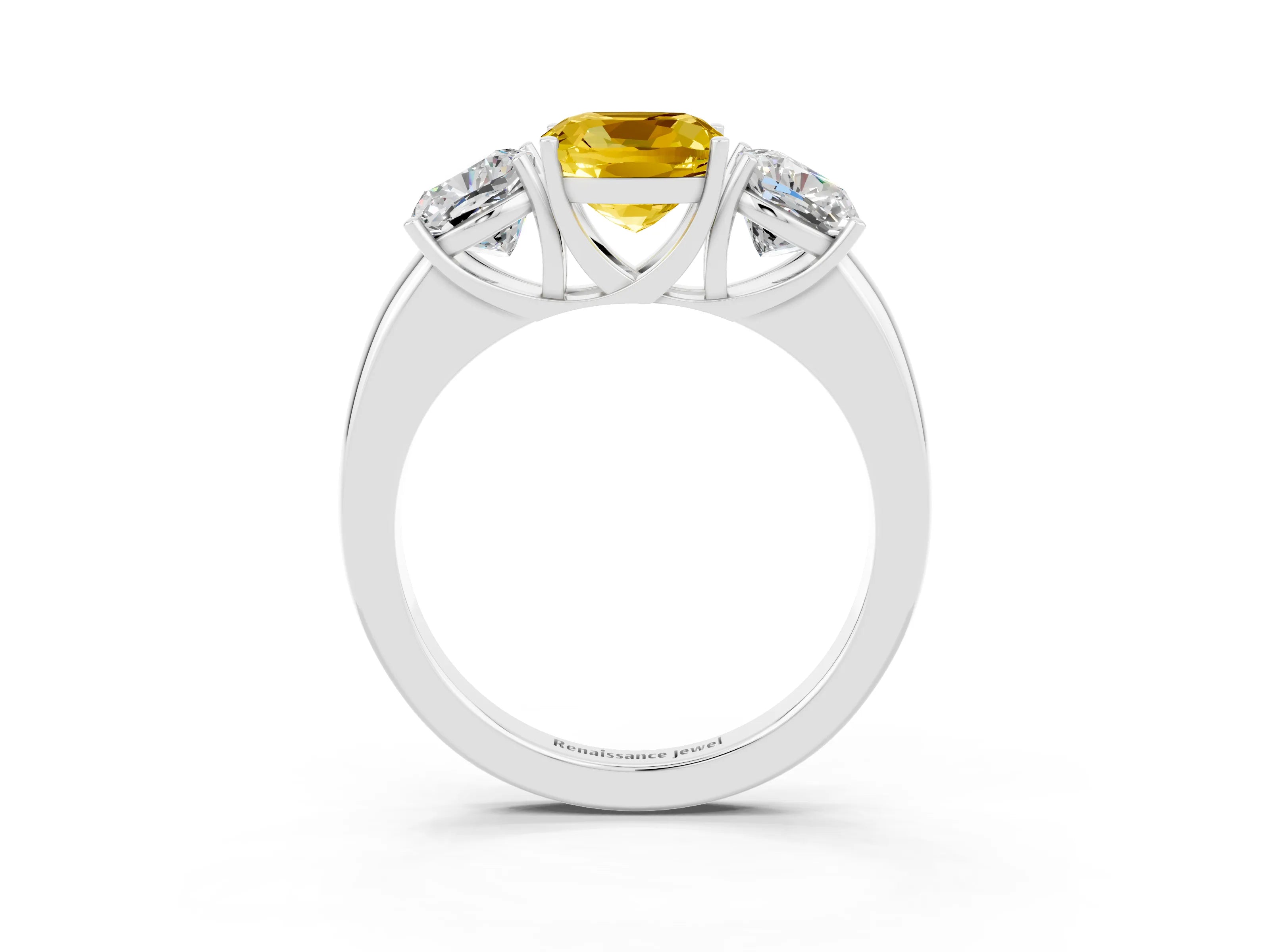 White gold Cushion Cut Yellow Sapphire Three-Stone Ring with Four-Prong Setting and Classic Band_3