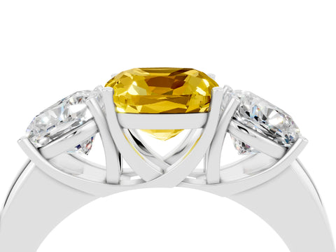 White gold Cushion Cut Yellow Sapphire Three-Stone Ring with Four-Prong Setting and Classic Band_4
