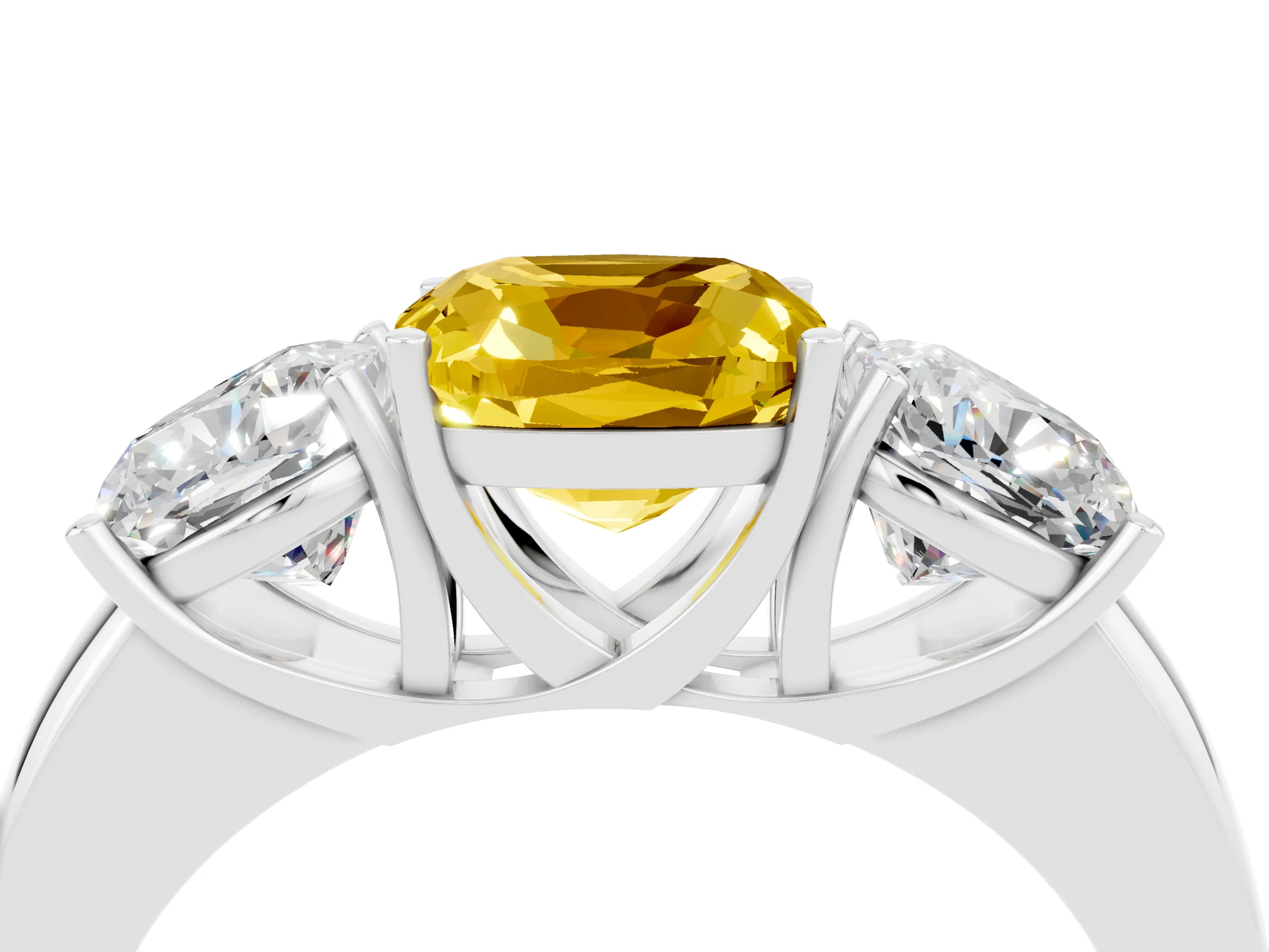 White gold Cushion Cut Yellow Sapphire Three-Stone Ring with Four-Prong Setting and Classic Band_4