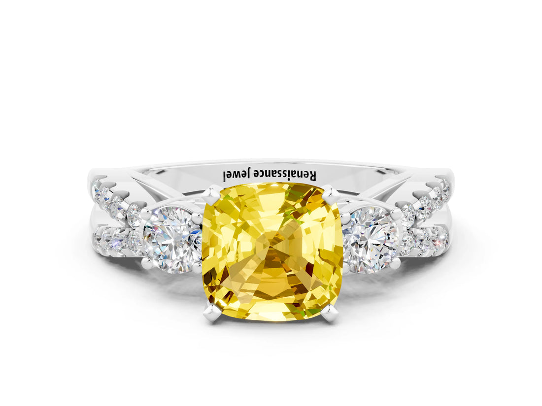 White gold Cushion Cut Yellow Sapphire Three-Stone Ring with Pavé Split Shank and Four-Prong Setting_36