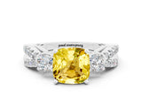 White gold Cushion Cut Yellow Sapphire Three-Stone Ring with Pavé Split Shank and Four-Prong Setting_36