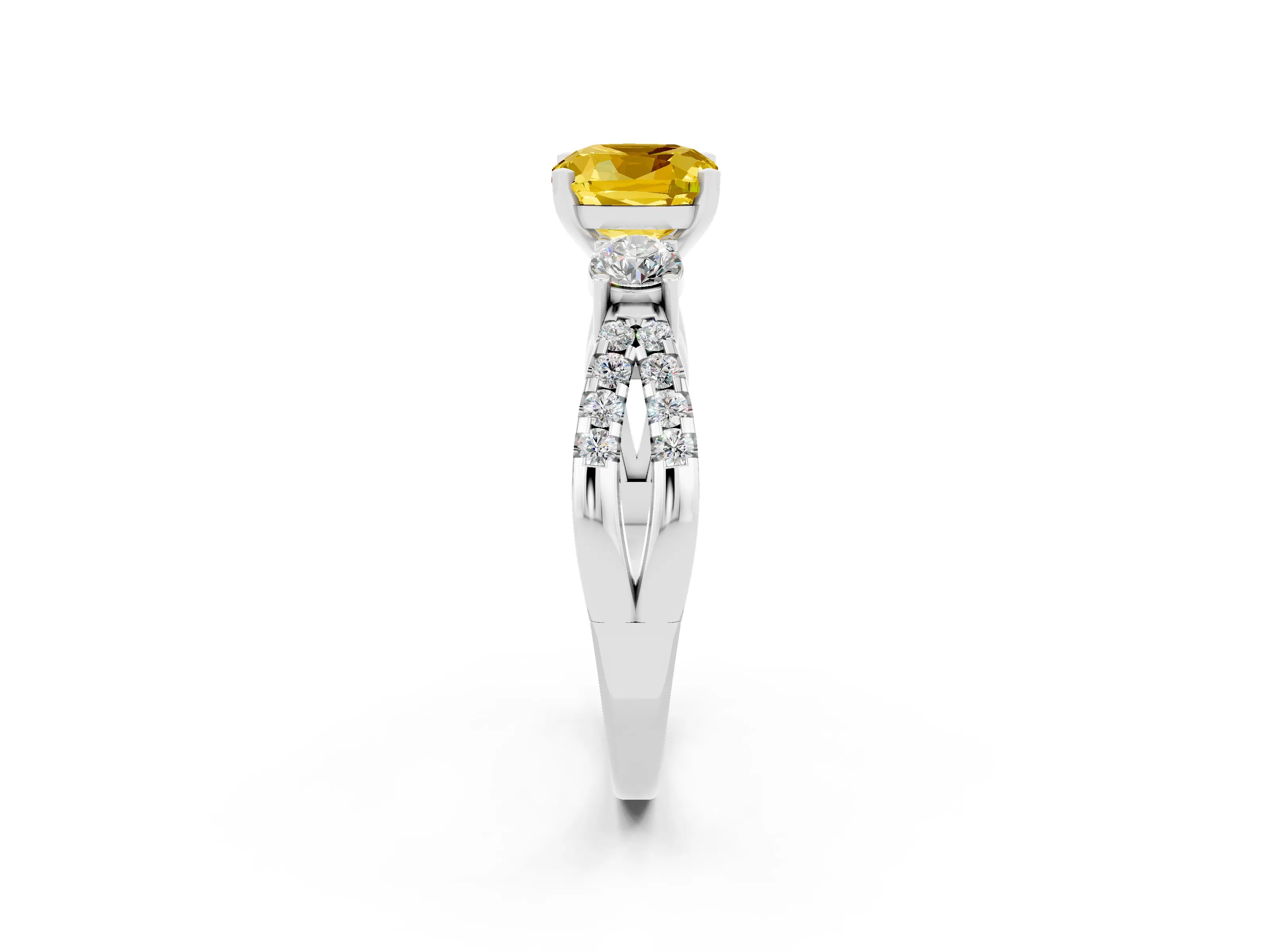 White gold Cushion Cut Yellow Sapphire Three-Stone Ring with Pavé Split Shank and Four-Prong Setting_38