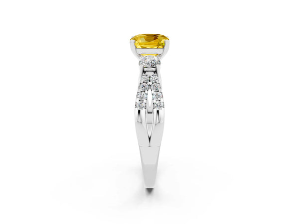 Platinum Cushion Cut Yellow Sapphire Three-Stone Ring with Pavé Split Shank and Four-Prong Setting