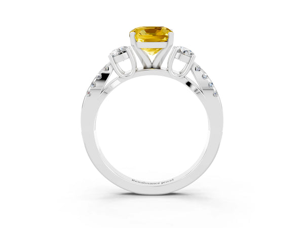Platinum Cushion Cut Yellow Sapphire Three-Stone Ring with Pavé Split Shank and Four-Prong Setting