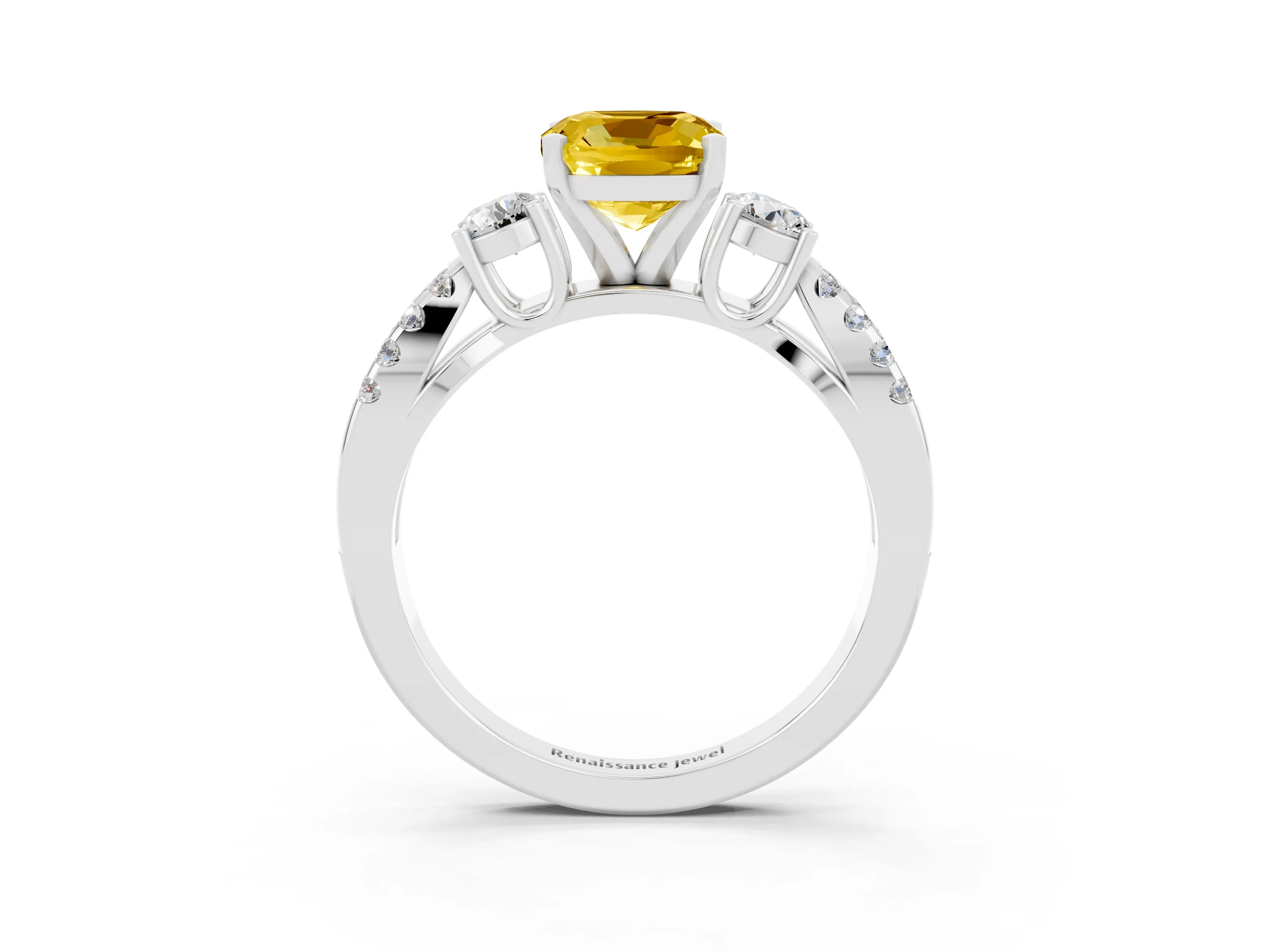 White gold Cushion Cut Yellow Sapphire Three-Stone Ring with Pavé Split Shank and Four-Prong Setting_39