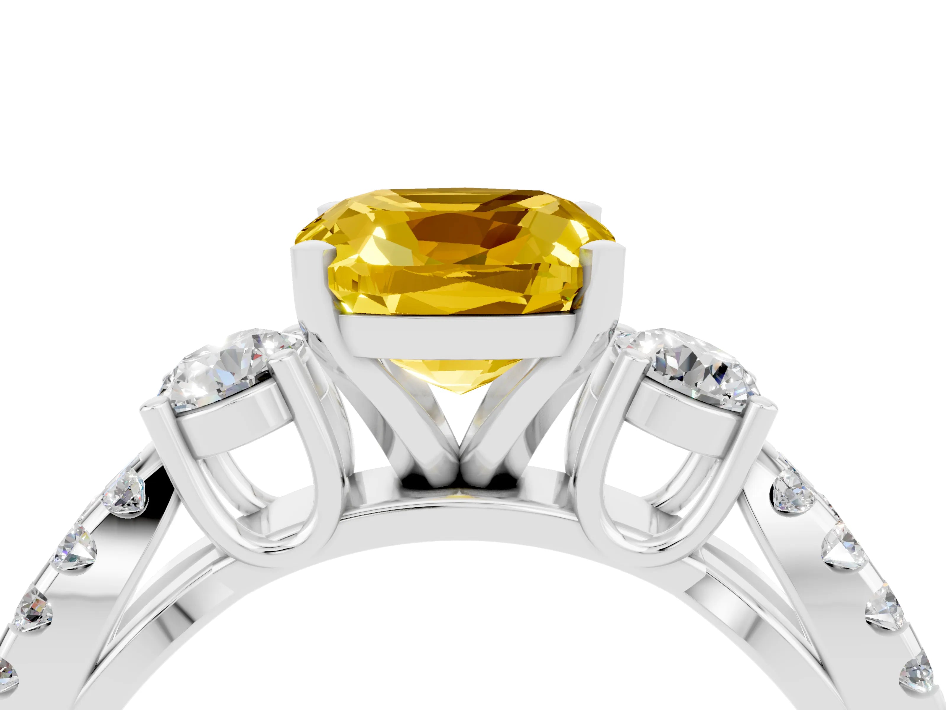 White gold Cushion Cut Yellow Sapphire Three-Stone Ring with Pavé Split Shank and Four-Prong Setting_40