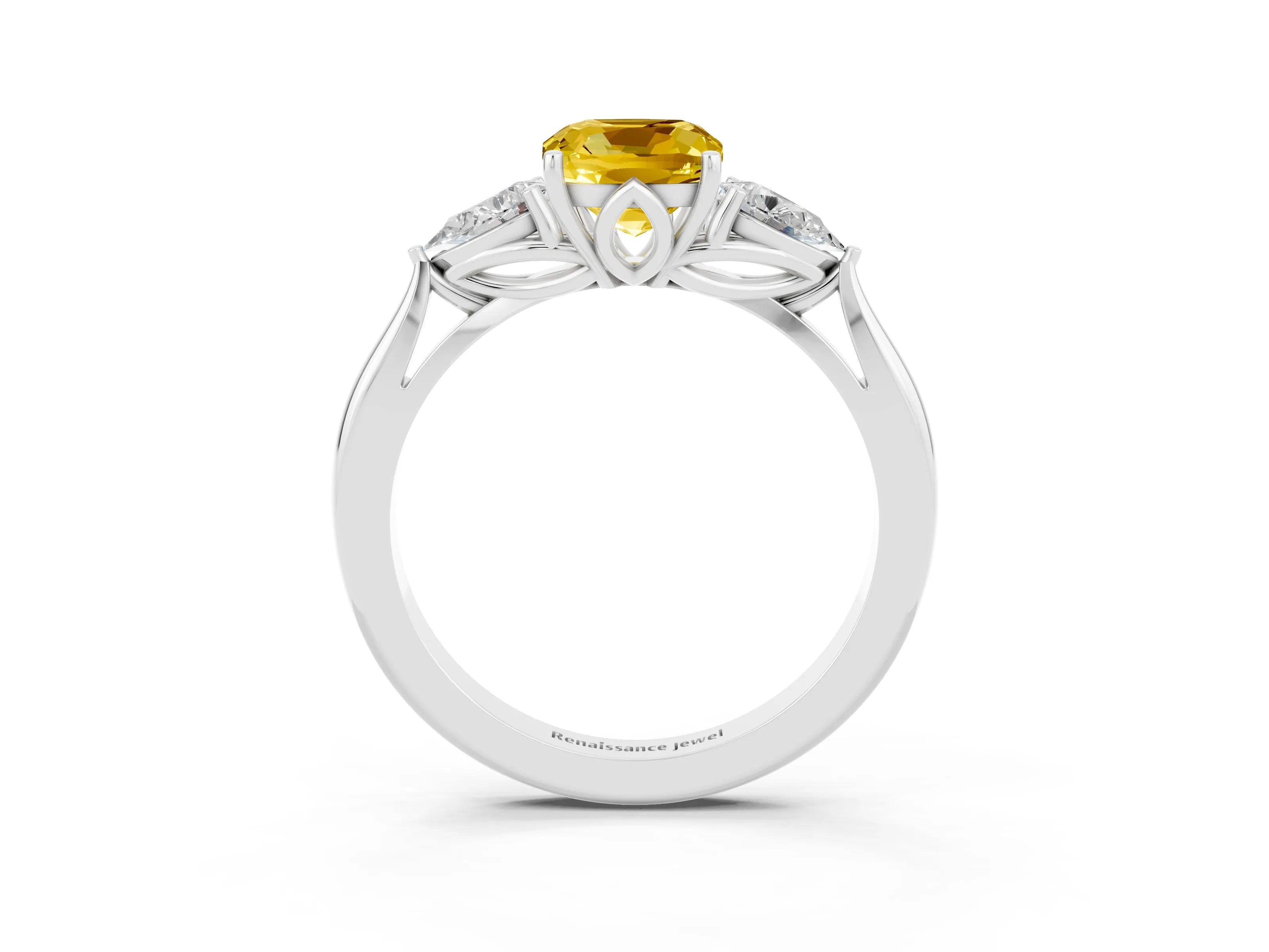 White gold Cushion Cut Yellow Sapphire Three-Stone Ring with Pear Side Stones and Four-Prong Setting_15