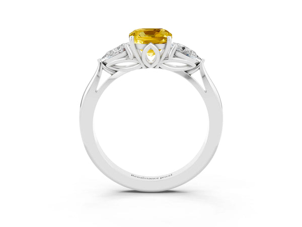 Silver Cushion Cut Yellow Sapphire Three-Stone Ring with Pear  Side Stones and Prong Setting