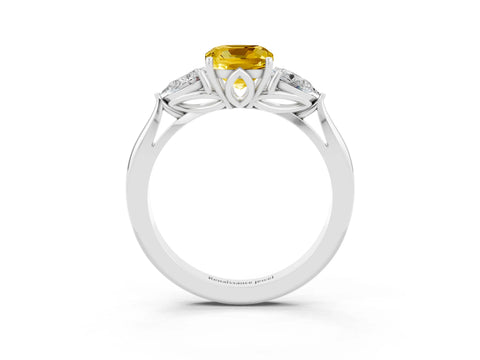 White gold Cushion Cut Yellow Sapphire Three-Stone Ring with Pear Side Stones and Four-Prong Setting_15