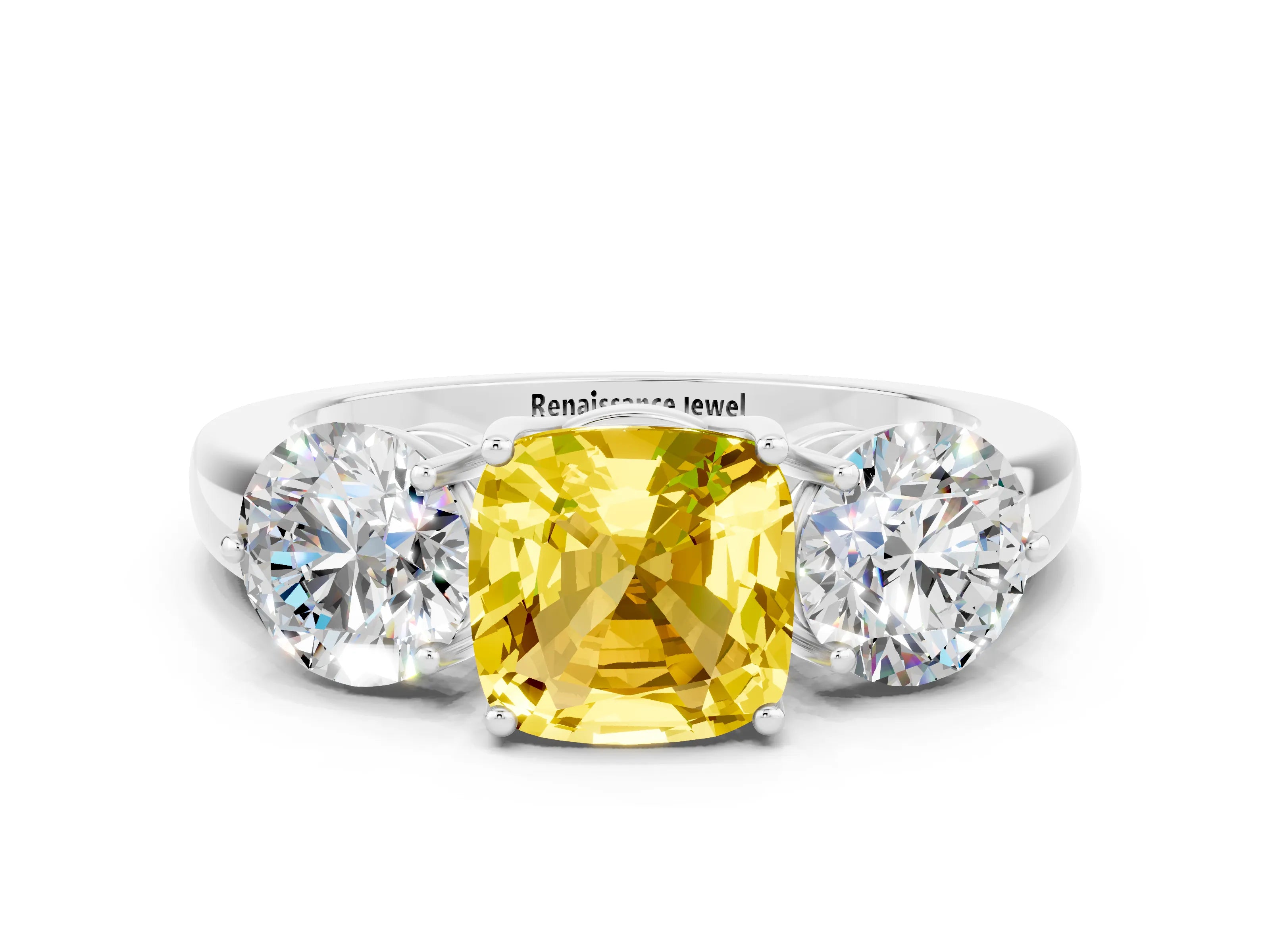 White gold Cushion Cut Yellow Sapphire Three-Stone Ring with Prong Setting and Classic Band