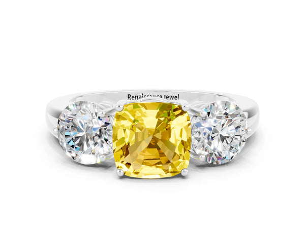 Platinum Cushion Cut Yellow Sapphire Three-Stone Ring with Prong Setting and Classic Band