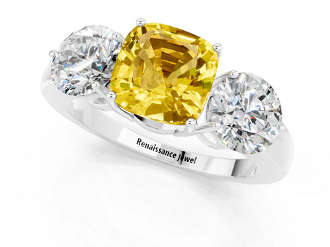 White gold Cushion Cut Yellow Sapphire Three-Stone Ring with Prong Setting and Classic Band_1