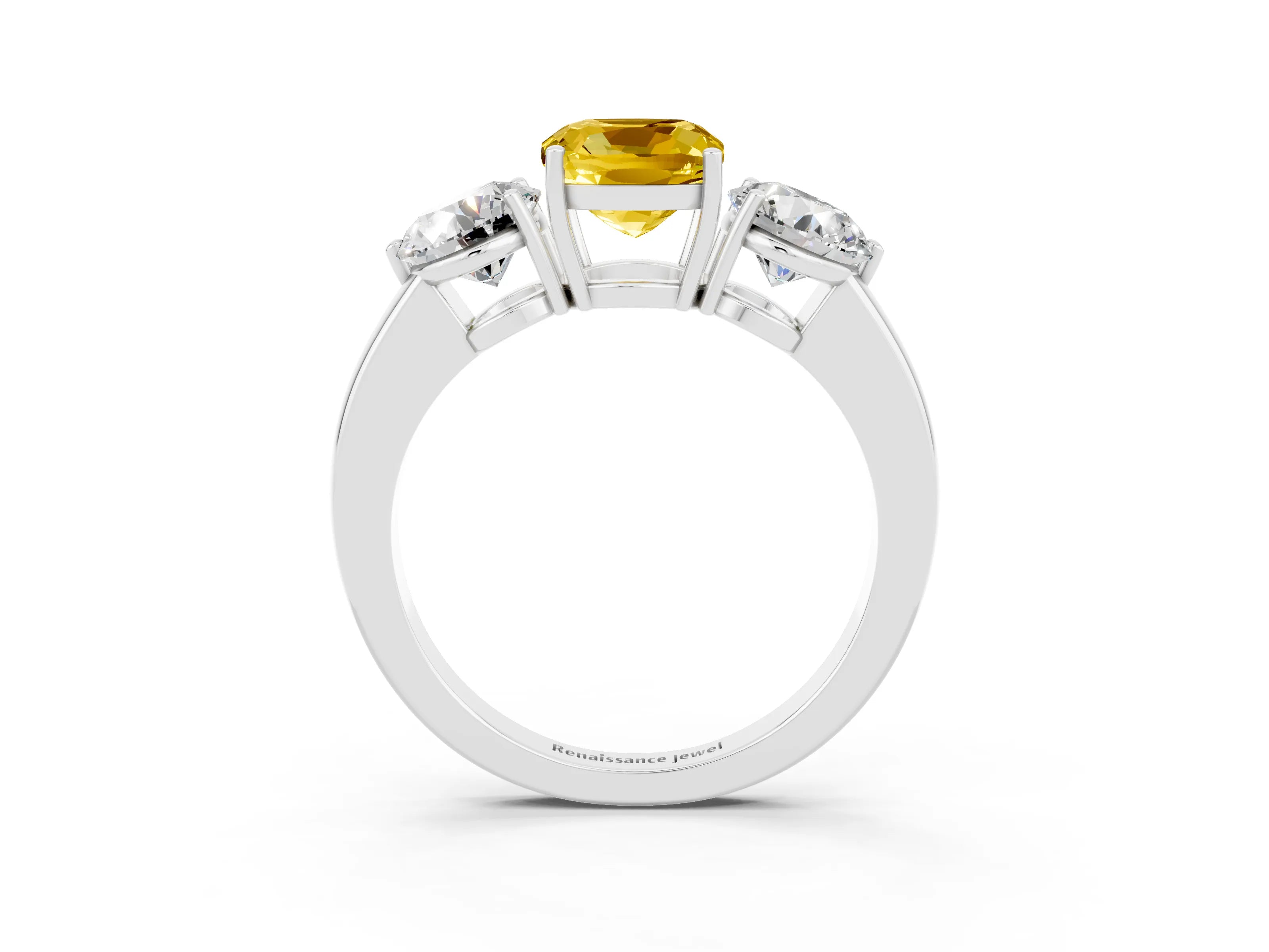 White gold Cushion Cut Yellow Sapphire Three-Stone Ring with Prong Setting and Classic Band_3