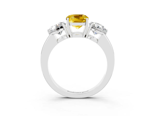 White gold Cushion Cut Yellow Sapphire Three-Stone Ring with Prong Setting and Classic Band