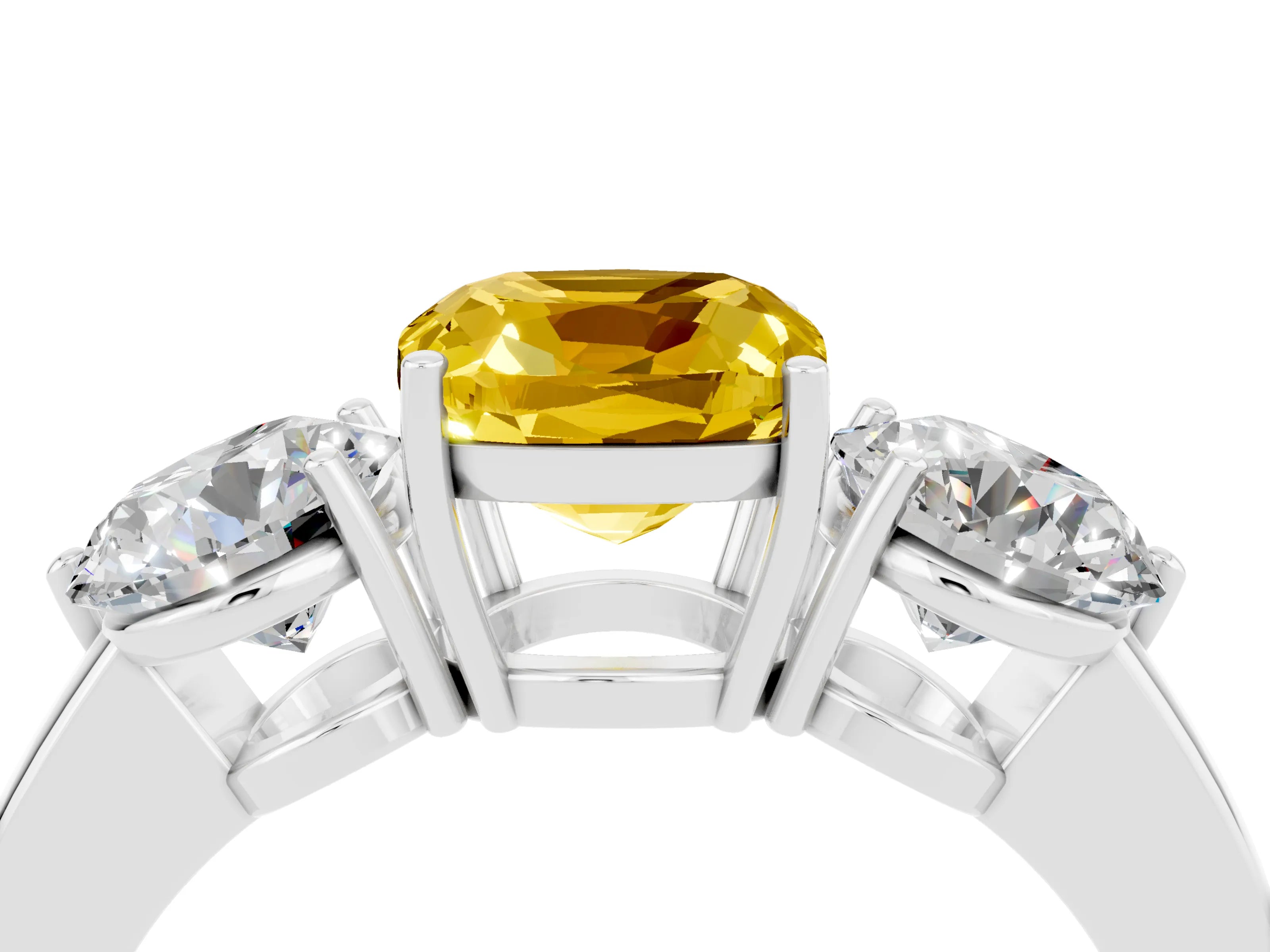 White gold Cushion Cut Yellow Sapphire Three-Stone Ring with Prong Setting and Classic Band_4