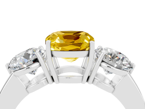 White gold Cushion Cut Yellow Sapphire Three-Stone Ring with Prong Setting and Classic Band_4