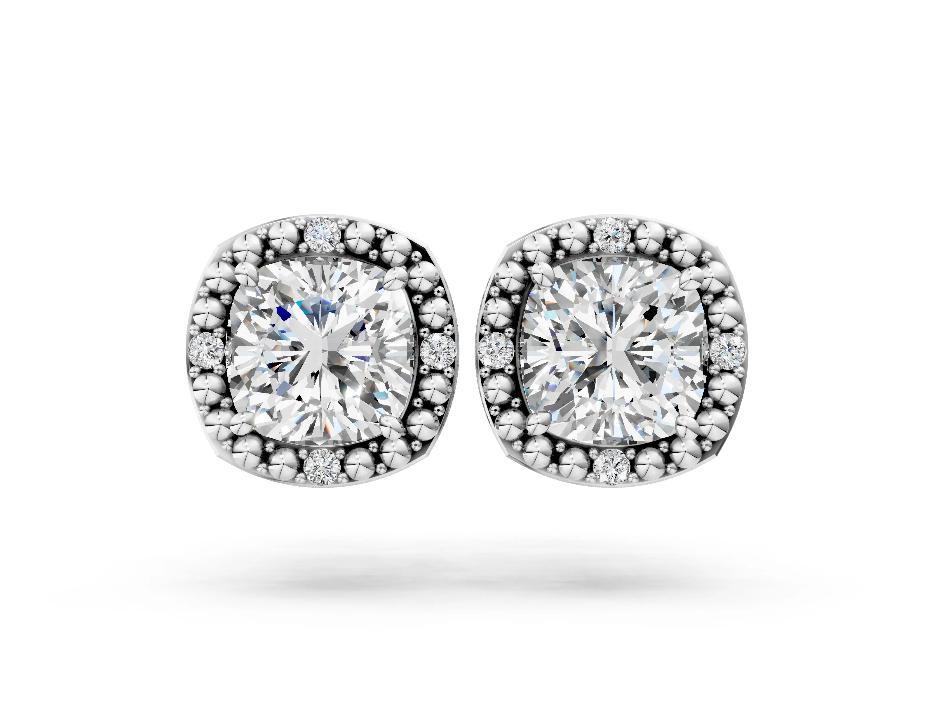 White gold Cushion Diamond Beaded Halo Stud Earrings