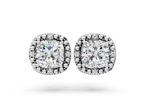 White gold Cushion Diamond Beaded Halo Stud Earrings