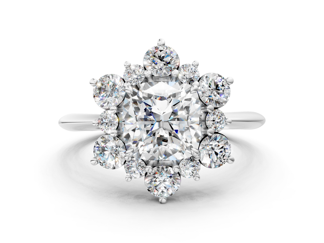 White gold Cushion Diamond Cluster Halo Ring with Solitaire Band and Four-Prong Setting_20