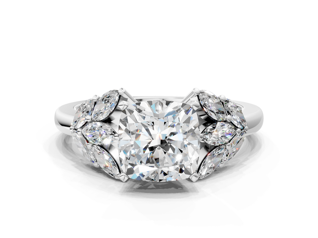 White gold Cushion Diamond Cluster Leaf Design Ring with Prong Setting_91