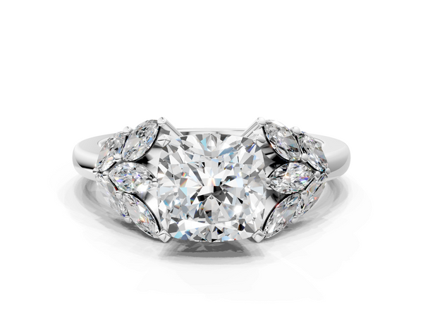 White gold Cushion Diamond Cluster Leaf Design Ring with Prong Setting
