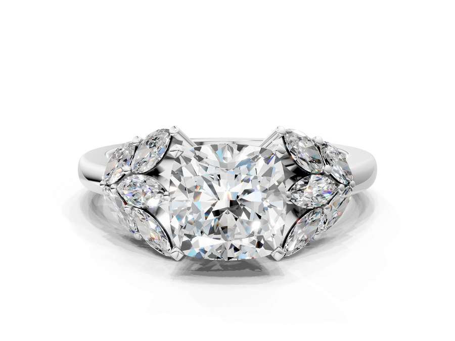 White gold Cushion Diamond Cluster Leaf Design Ring with Prong Setting