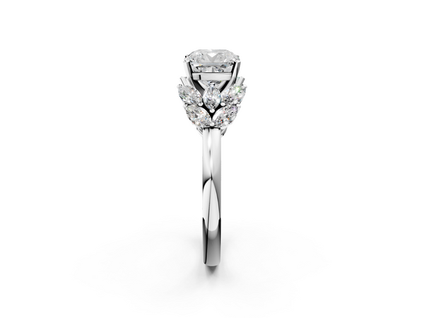 White gold Cushion Diamond Cluster Leaf Design Ring with Prong Setting