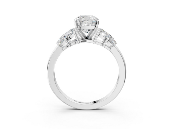 White gold Cushion Diamond Cluster Leaf Design Ring with Prong Setting