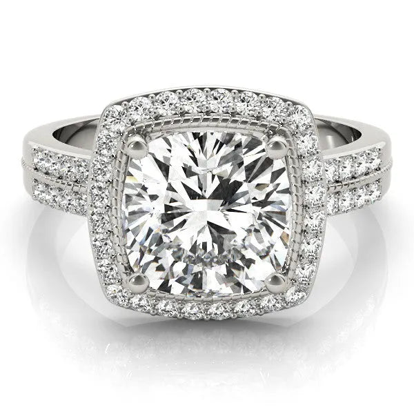 White gold Cushion Diamond Double Halo Ring with Split Shank and Four-Prong Setting