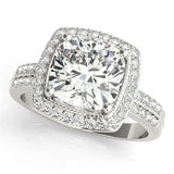 White gold Cushion Diamond Double Halo Ring with Split Shank and Four-Prong Setting