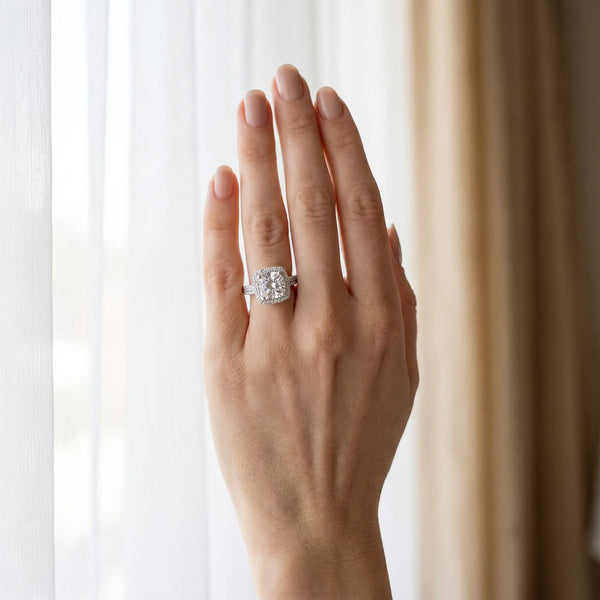 White gold Cushion Diamond Double Halo Ring with Split Shank and Four-Prong Setting