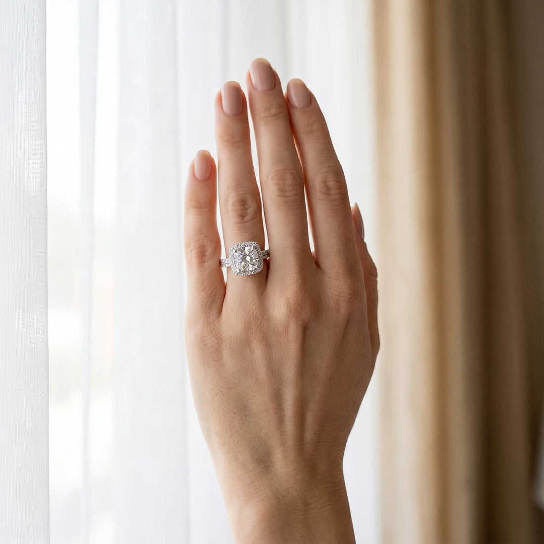 White gold Cushion Diamond Double Halo Ring with Split Shank and Four-Prong Setting_24