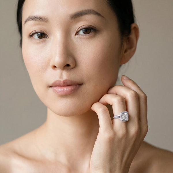 White gold Cushion Diamond Double Halo Ring with Split Shank and Four-Prong Setting