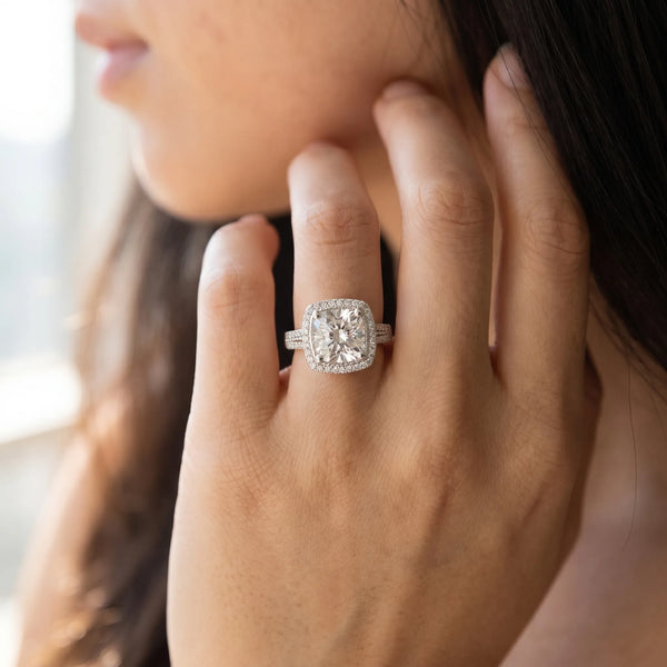 White gold Cushion Diamond Double Halo Ring with Split Shank and Four-Prong Setting