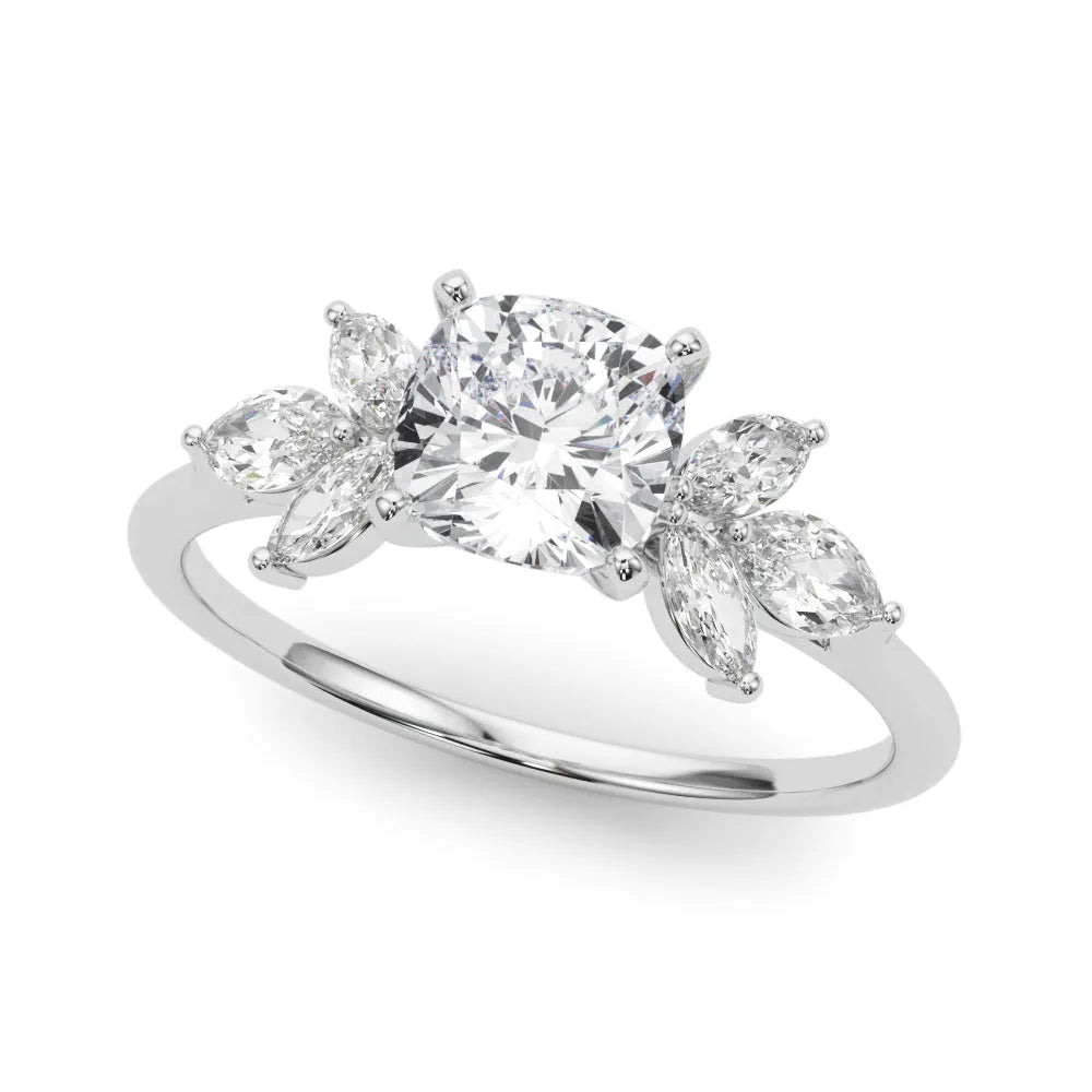 White gold Cushion Diamond Floral Cluster Ring with Marquise Side Stones and Six-Prong Solitaire Setting