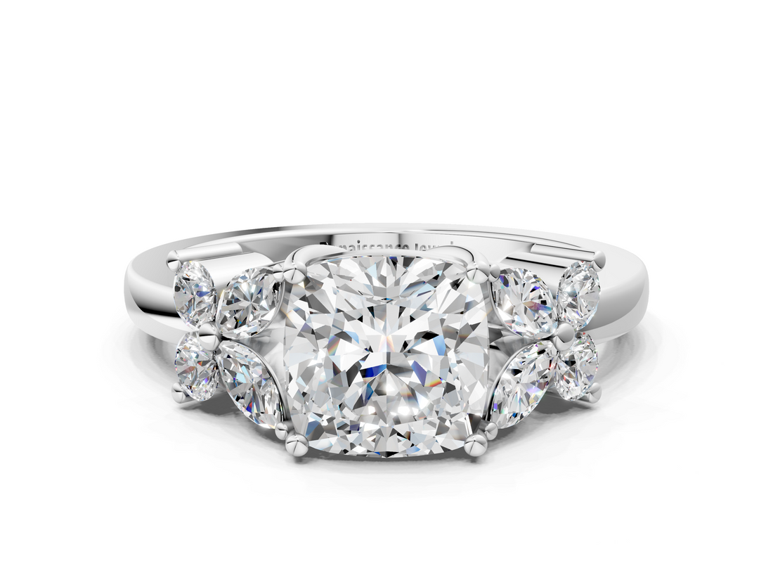 White gold Cushion Diamond Floral Cluster Ring with Solitaire Band and Prong Setting_86
