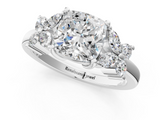 White gold Cushion Diamond Floral Cluster Ring with Solitaire Band and Prong Setting_87
