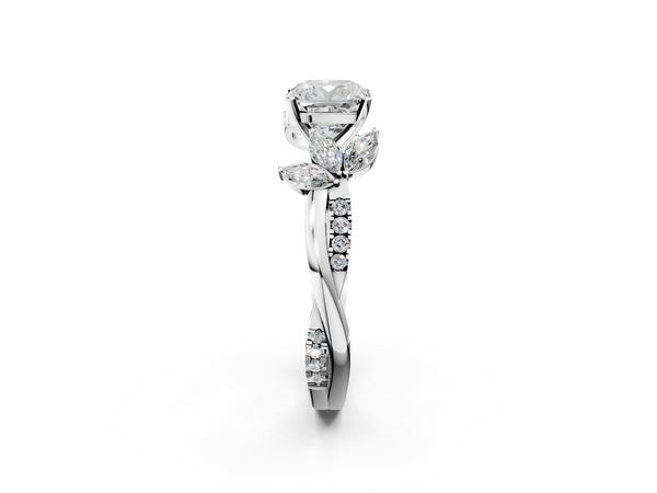 Platinum Cushion Diamond Floral Vine Solitaire Engagement Ring