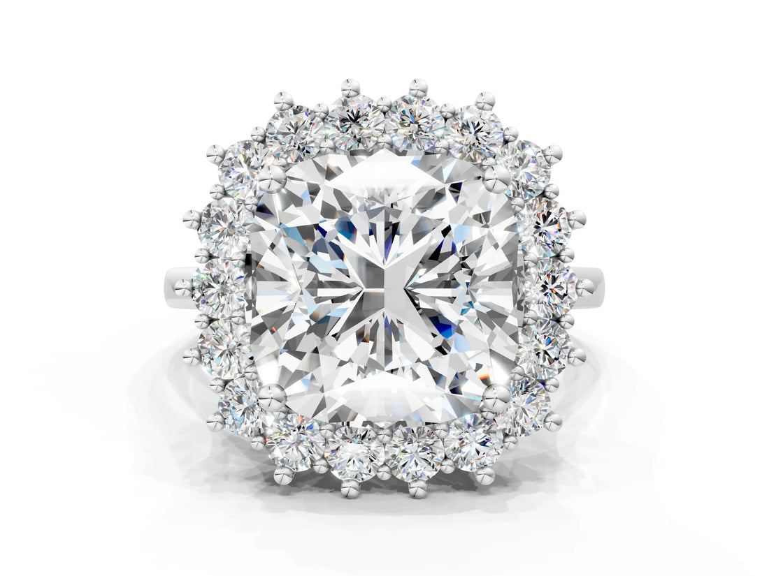 White gold Cushion Diamond Halo Engagement Ring with Round Diamond Accents