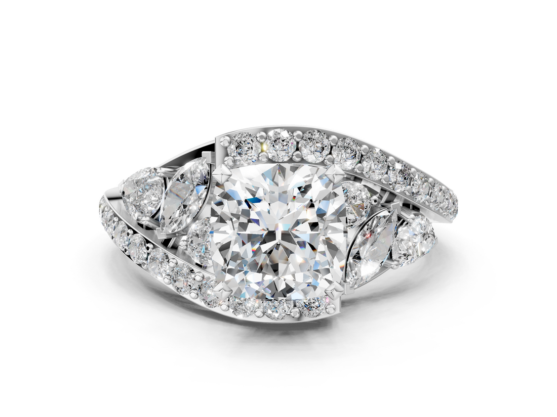 White gold Cushion Diamond Halo Ring with Marquise and Pavé Band in Prong Setting_114