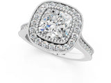 White gold Cushion Diamond Halo Ring with Milgrain Frame and Pavé Band 1