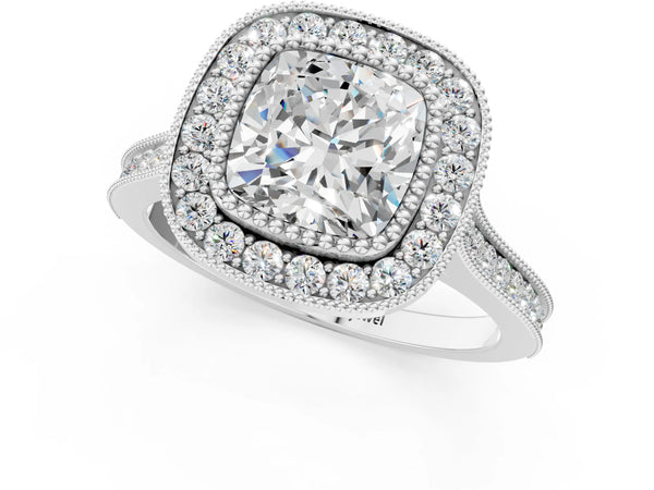 White gold Cushion Diamond Halo Ring with Milgrain Frame and Pavé Band